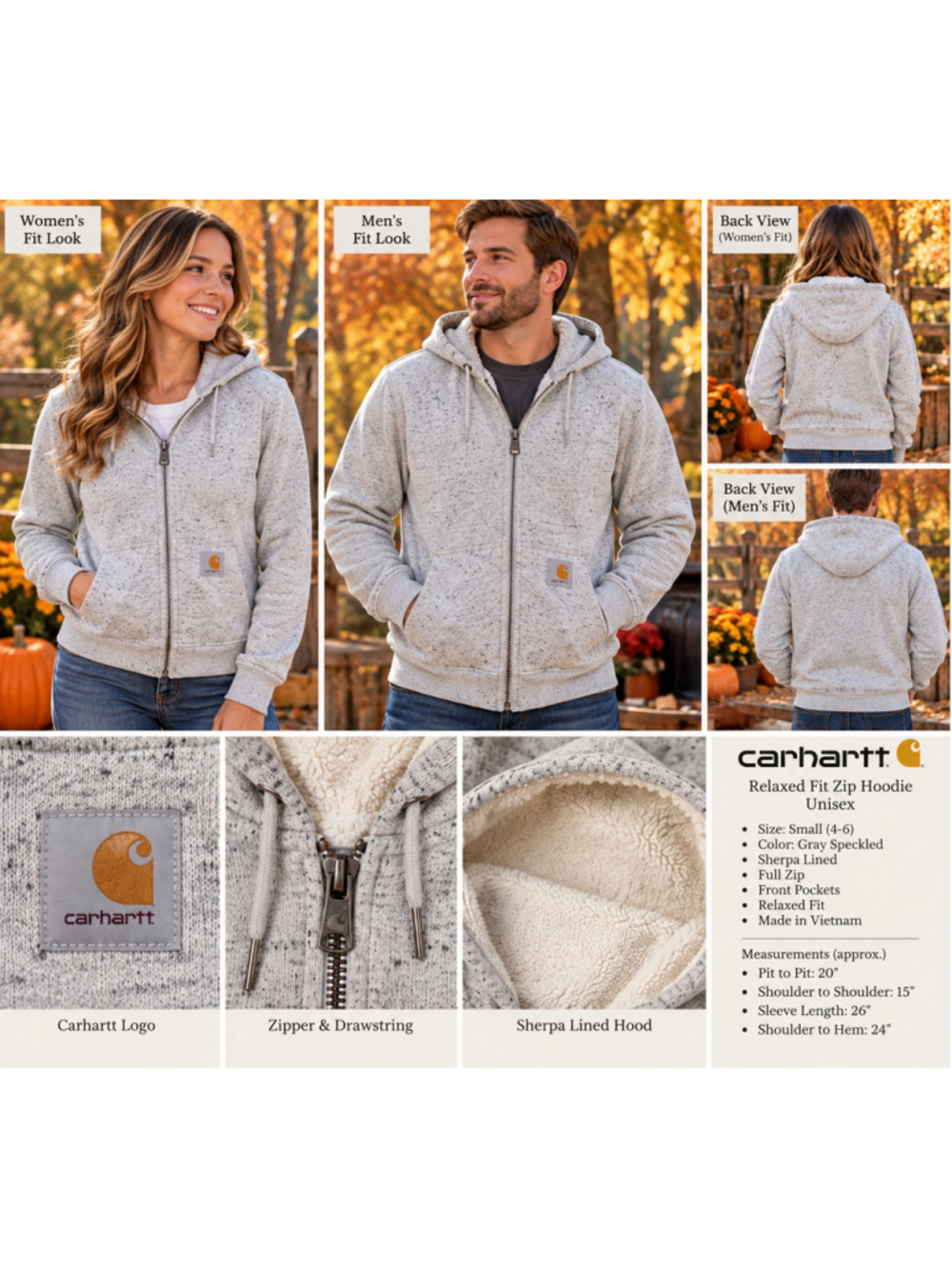 Men's or Ladies Carhartt Relaxed Fit Sherpa Lined Zip Hoodie Gray Size S